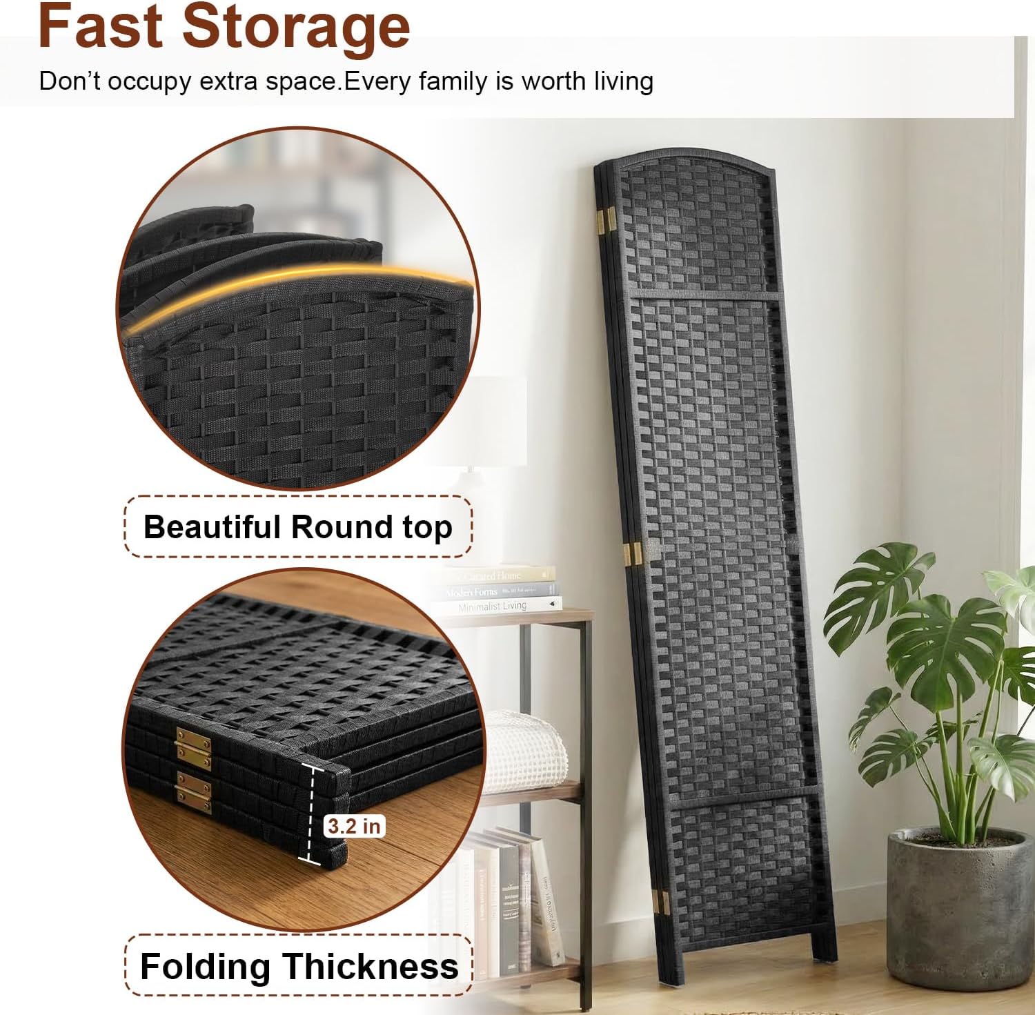 FDW Room Divider 4 Panel Screen 5.6 Ft Tall Partition Privacy Screens Folding Room Separation Free Standing Waterproof Wood Frame Wall Divider, Coal Black