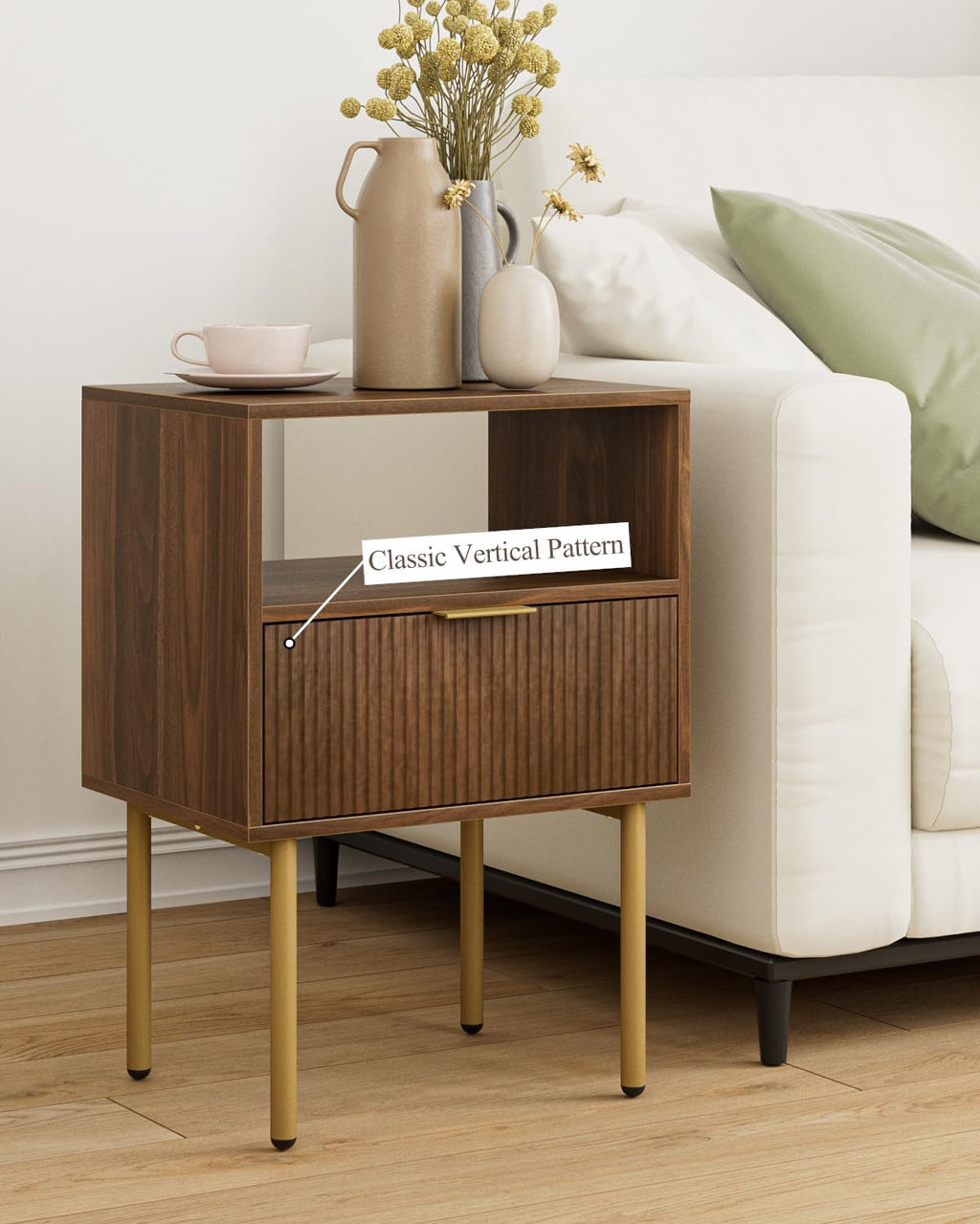 Masupu Night Stand,Mid-Century Modern Bedside Table with Storage Drawer and Open Wood Shelf,Small Gold Frame Side Table for Bedroom,Living Room, Walnut