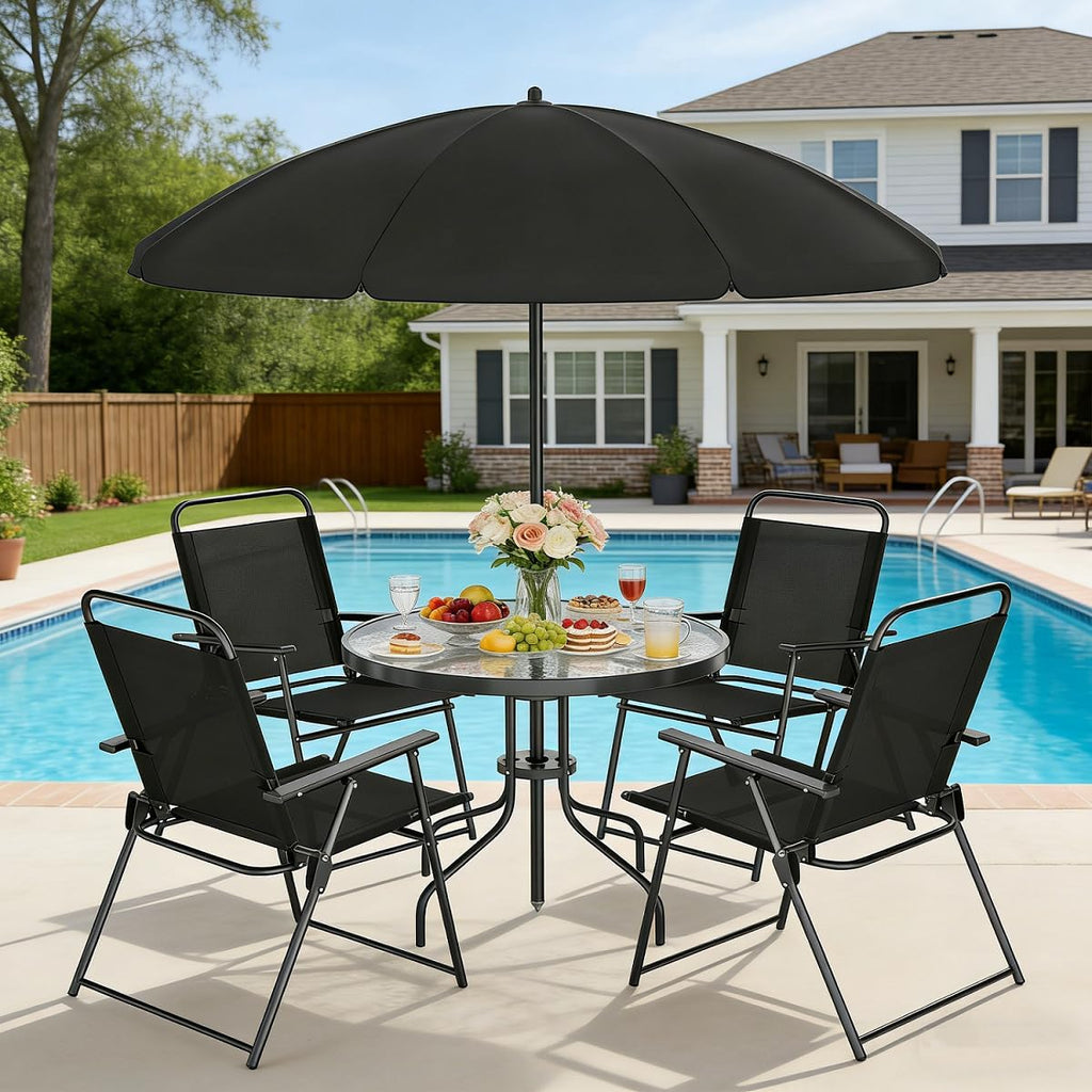 Shintenchi 6 Piece Outdoor Patio Furniture Set, Small Outdoor Patio Dining Table and Chairs Set, Outdoor Seating with Umbrella for Backyard, Balcony, Front Porch, Onyx