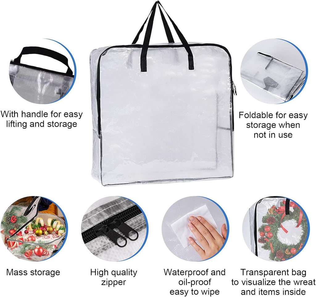 2 Pack 25 inches Wreath Storage Container,Extra Large Transparent Rectangular Christmas Ornament Storage Bags with Zipper and Handles,Perfect for Wreaths,Garlands,Gifts,Waterproof,Foldable