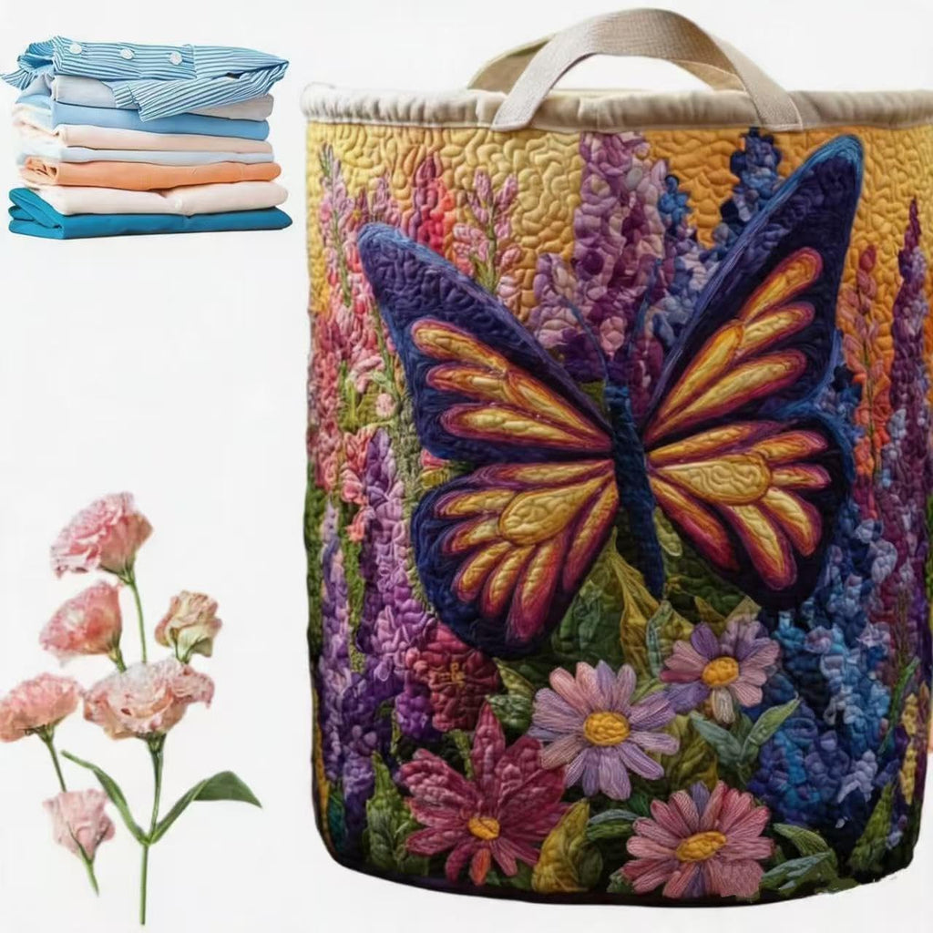 Quilted Laundry Basket with Handles, Collapsible Boho Floral Storage Bin, Large Soft Quilted Basket, Portable Organizer for Clothes, Toys, Blankets, Nursery, Bedroom, Laundry Room (Butterfly Bloom, L)