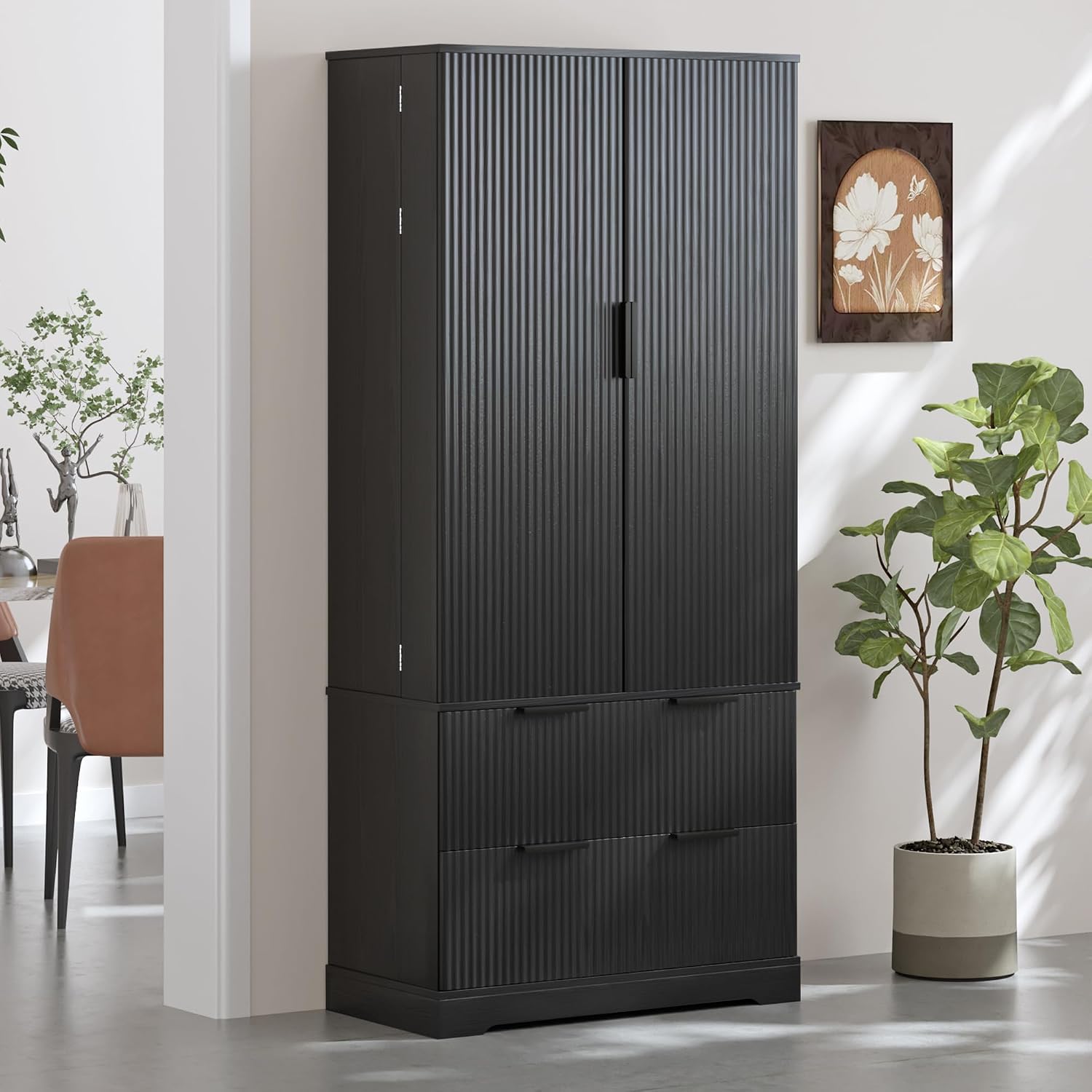 DSHADE 72'' Modern Fluted Kitchen Pantry Cabinet - 2 Drawers & 8-Door Spice Rack, Freestanding Storage Organizer for Bathroom, Dining Room, Office, Entryway, Black, Easy Assembly
