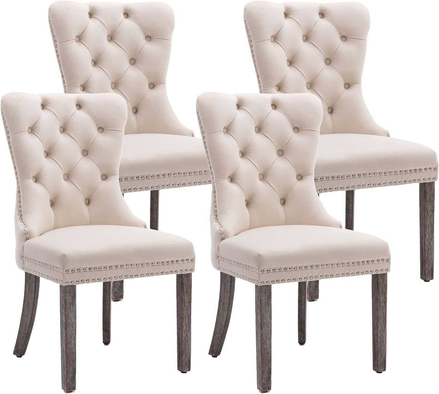 KCC Velvet Dining Chairs Set of 4, Upholstered High-end Tufted Dining Room Chair with Nailhead Back Ring Pull Trim Solid Wood Legs, Nikki Collection Modern Style for Kitchen, Beige