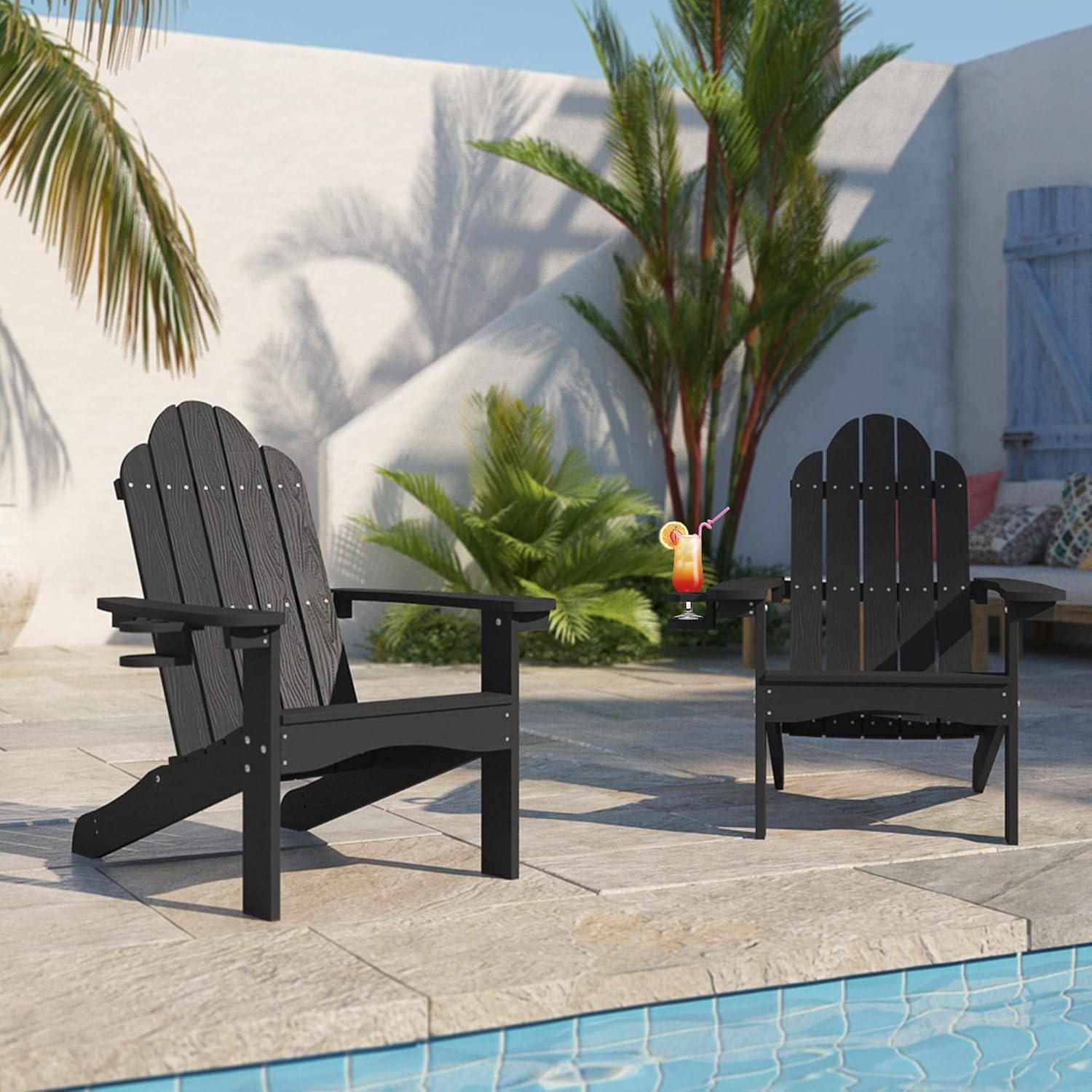 LUE BONA HDPS Adirondack Chairs Set of 4, Long-Lasting All-Season Outdoor Patio Chairs, Hidden Cup Holder, 350 LBS, Black