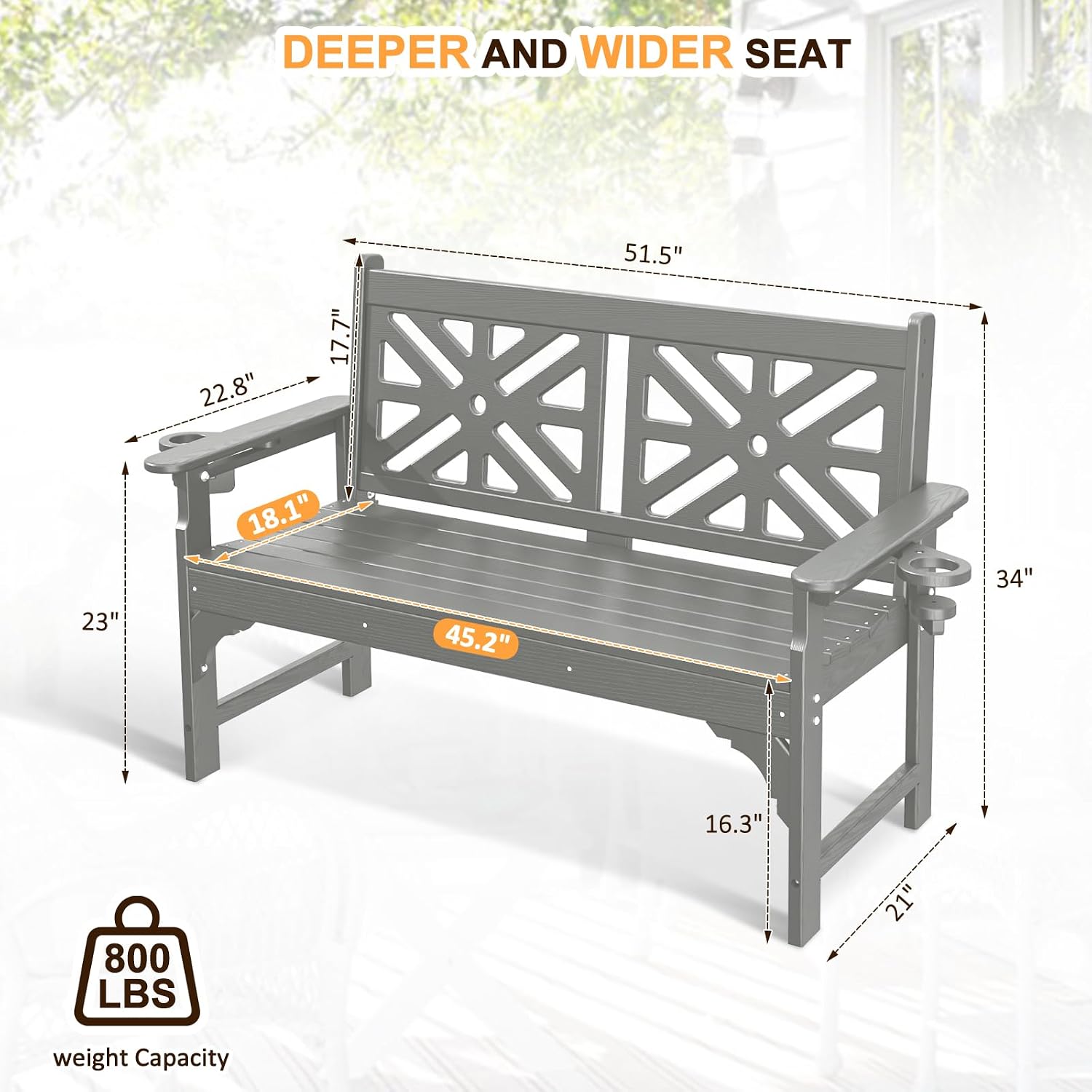 nalone Outdoor Bench with Cup Holders, HDPE Porch Bench Fade Proof (Grey) | Load up to 800 Lbs, For Patio Park Garden Porch, Low Maintenance, All weather Material Fade Proof