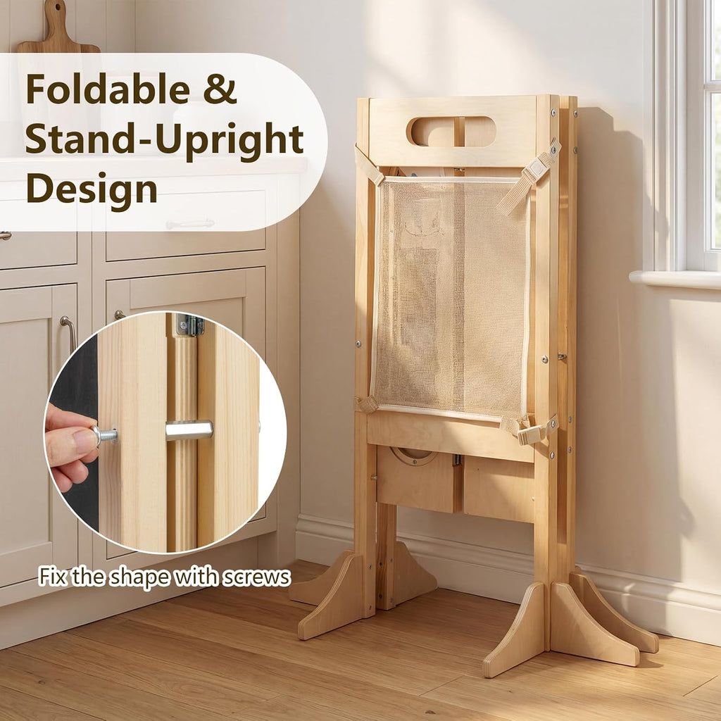 OLAKIDS Toddler Tower Foldable, 4-in-1 Wooden Standing Tower with 2 Step Stool, Chalkboard, Montessori Activity Games Safety Net, Kitchen Stool Helper for Kids 3+ Years