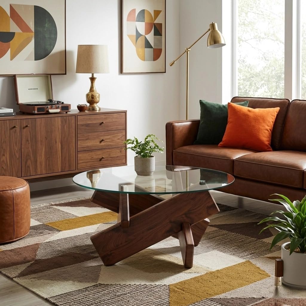 Round Glass Coffee Table, 33.4 Inch Clear Tempered Glass Top Coffee Table with Walnut Crossed Legs, Modern Small Glass Center Table for Living Room Home
