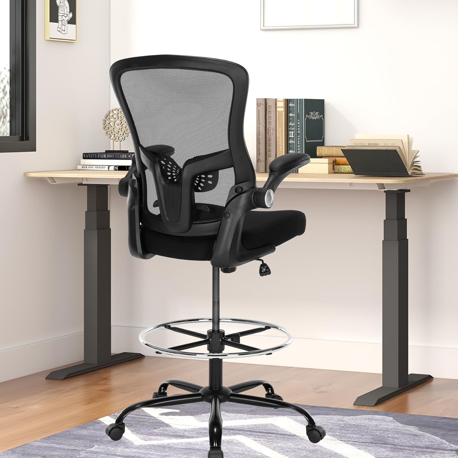 Drafting Chair,Tall Office Chair, Ergonomic Standing Desk Chair with Flip-up Armrests,Mid-Back Counter Height Computer Task Chair with Lumbar Support and Adjustable Footrest Ring,Black