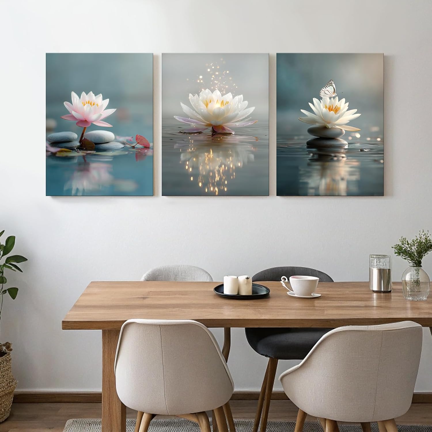 Calm Zen Lotus Stacked Stones Spa Wall Art, Modern Spiritual Lotus Blooming on Stones Artworks for Zen Office Serene Home Deco Meditation Rooms Yoga Studios and Zen Enthusiasts - Framed, 12"x16"x3