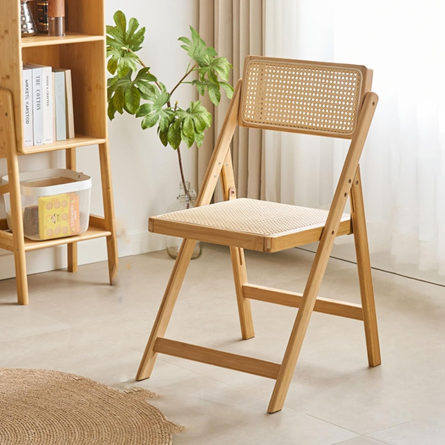 Mid Century Vintage Rattan Folding Chair with Adjustable Back Stackable Wood Chair for Bedroom Living Room Dining Comfy Rattan Seat Leisure Chair for Reading Room(Wood)