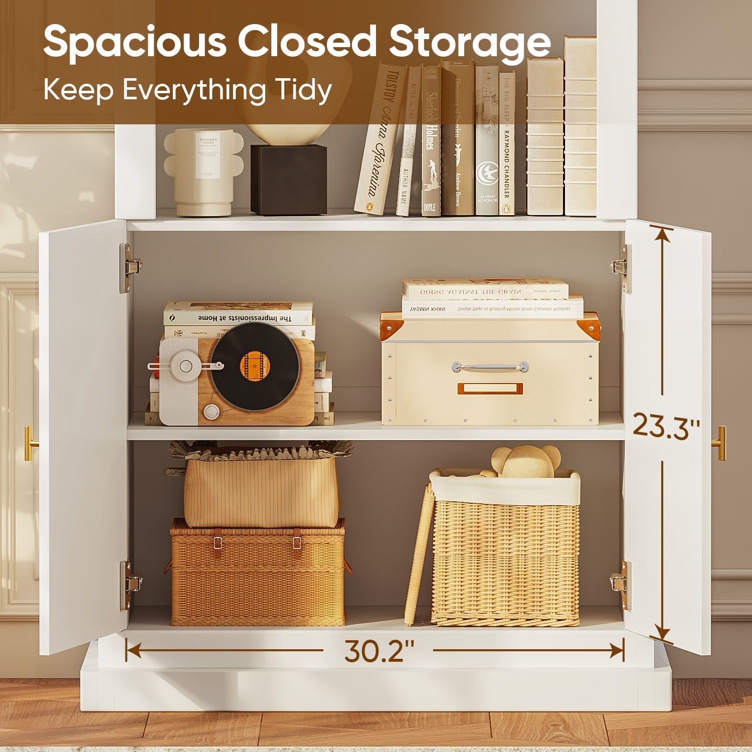 71" Arched Kitchen Pantry Cabinet, Tall Half Open Storage Cabinet with Drawers, Modern Display Hutch for Dining Room, Living Room, White with Gold Handles, 2 of Set
