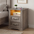 RALGEND Farmhouse End Table with 2 Drawers, Nightstand with Charging Station, End Tables Living Room with LED Lights, Bedside Table for Bedroom, Living Room, Greige