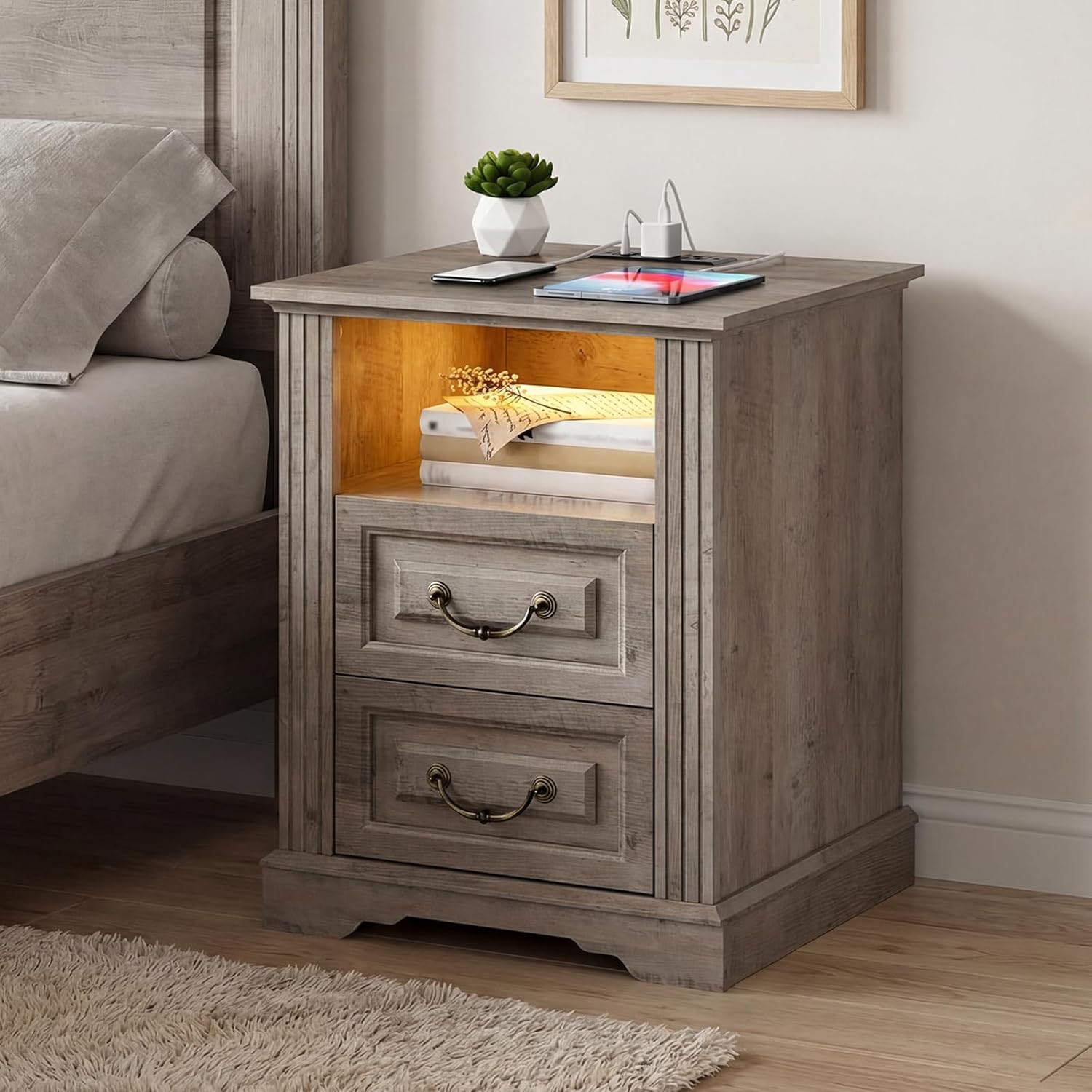 RALGEND Farmhouse End Table with 2 Drawers, Nightstand with Charging Station, End Tables Living Room with LED Lights, Bedside Table for Bedroom, Living Room, Greige