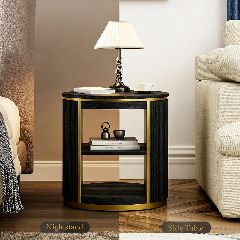 AUZ Round Black and Gold Fluted End Table Set of 2, 22" Mid Century Modern Wood Side Table with Storage, Modern Bedside Table, Nightstand for Living Room, Bedroom