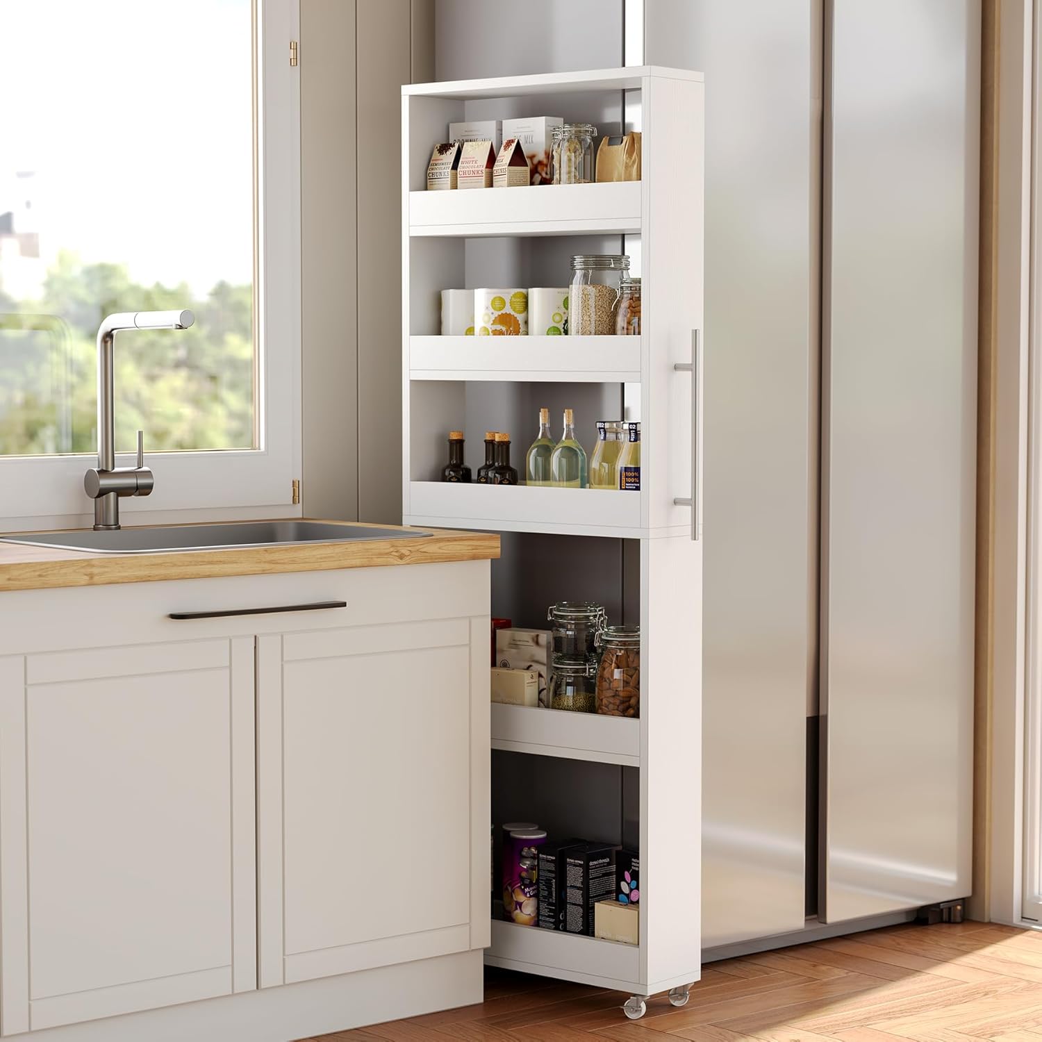 LITTLE TREE 63-Inch Slim Storage Cart on Wheels, 5-Tier Tall Narrow Mobile Shelf Organizer, Rolling Utility Cart with Metal Handle for Kitchen, Dining Room, Small Spaces, White