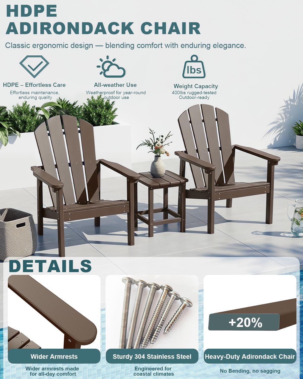Adirondack Chair Set of 4, All Weather HDPE Fire Pit Chairs, Oversized Plastic Adirondack Chair for Outdoor, Balcony, Deck, Backyard, Patio, Garden, Poolside, Lawn Coffee