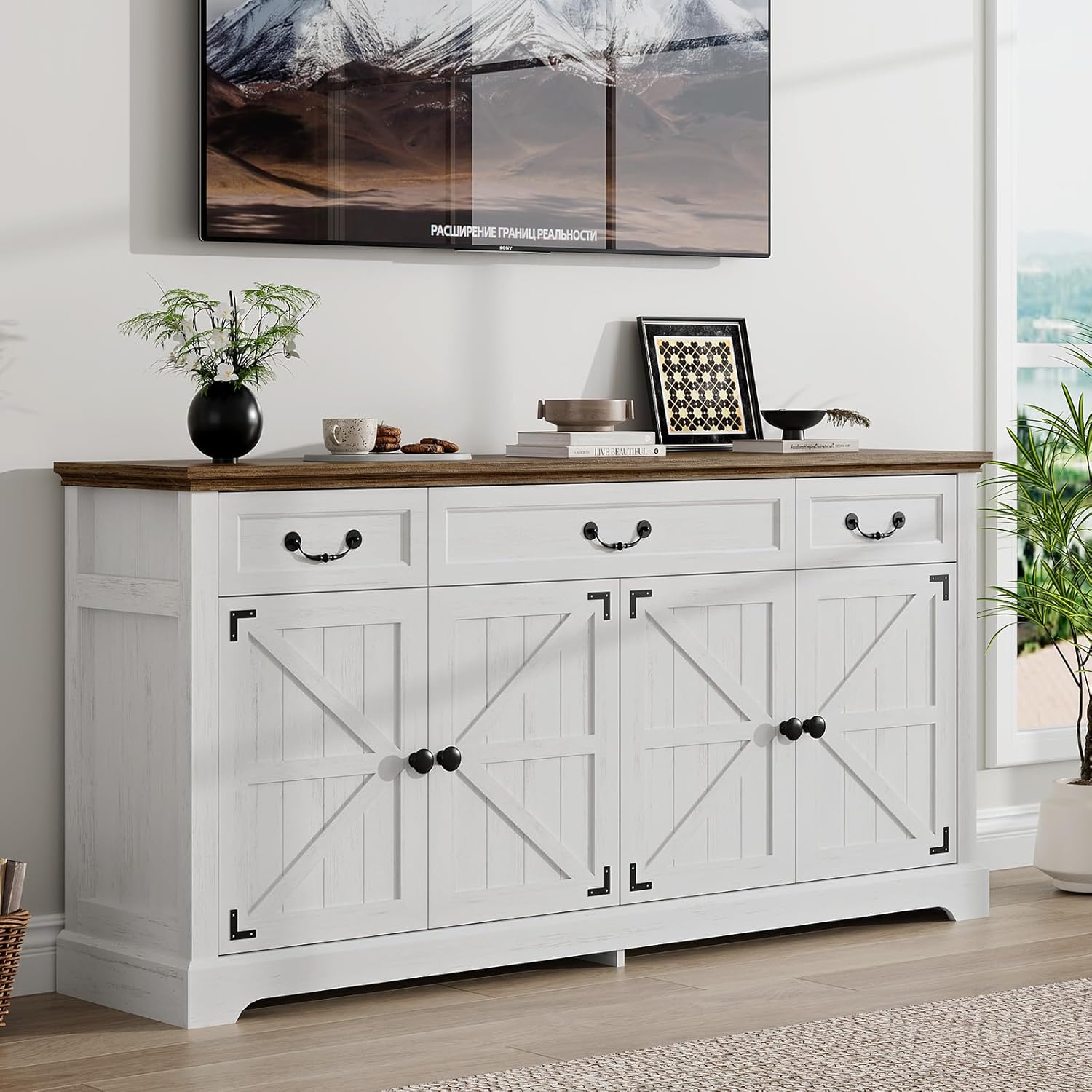 Sunny Heart 65" Large Buffet Storage Cabinet, Farmhouse Kitchen Sideboard with 3 Drawers and 4 Doors, Coffee Bar Wine Bar Cabinet with Storage for Living Room, White