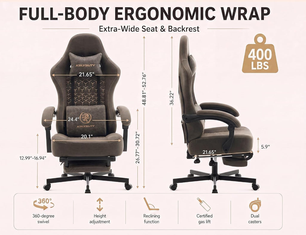 Office Desk Computer Gaming Chair for Adults, Ergonomic High Back Gamer Chair with Massage and Pocket Spring Cushion, Swivel Comfy Video Game Chairs with Footrest and Lumbar Support (Pro Grey)