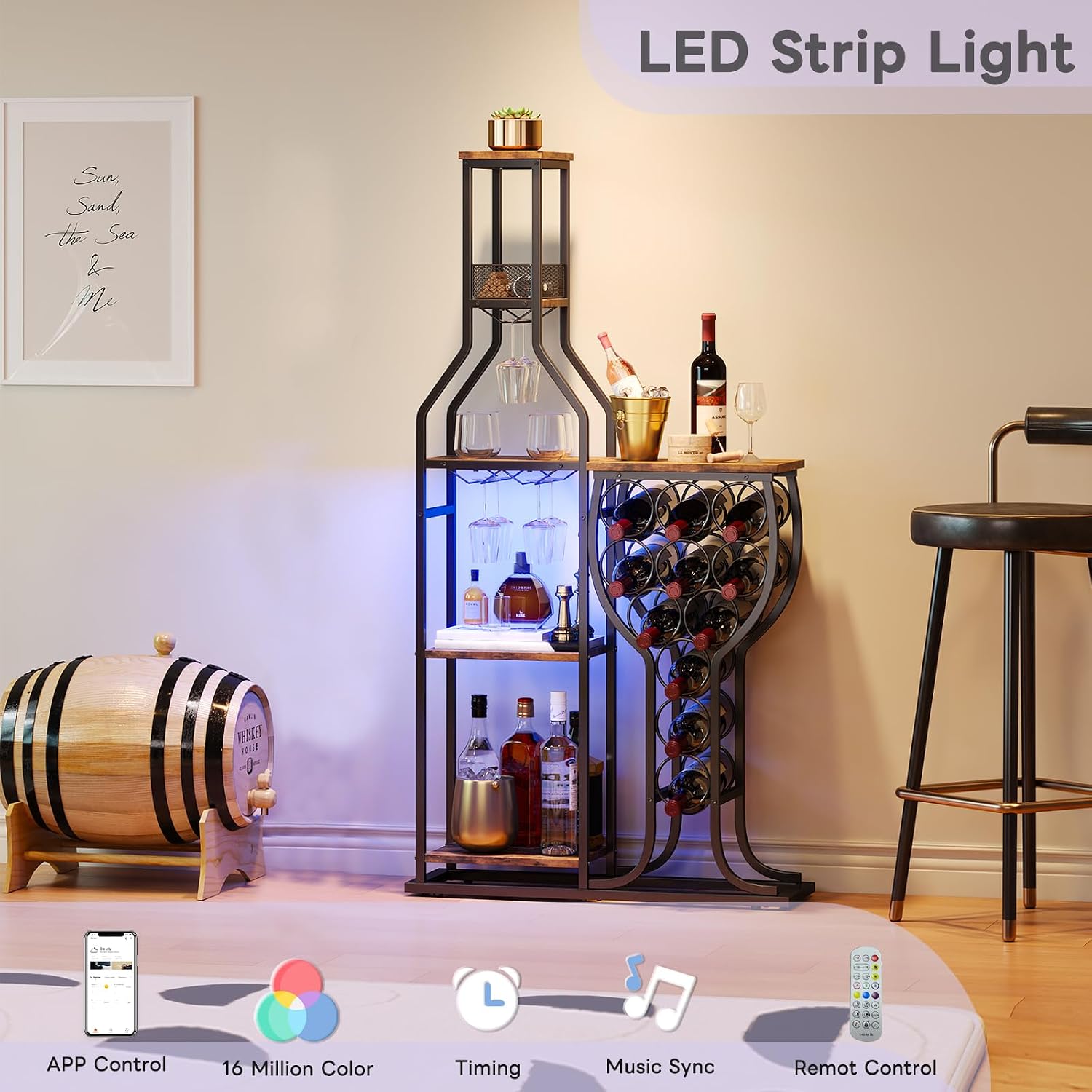 HavenlyYouth Liquor Cabinet for Home Bar, 5-Tier Wine Rack Freestanding Floor with Wine Glass Holder, Mini Bar Stand with 11 Wine Bottles, Bar Table with Storage for Living Room, Kitchen