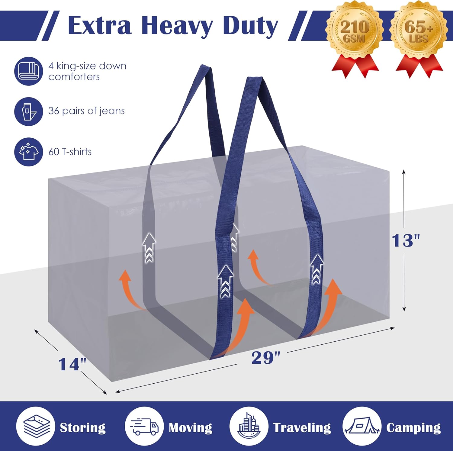 6 Pack Moving Bags Heavy Duty 210GSM with Full-Open Side Zipper, 93L 220lbs Waterproof Foldable Storage Totes for College Dorm Move-In, Moving Boxes Alternative & Home Organization, Blue