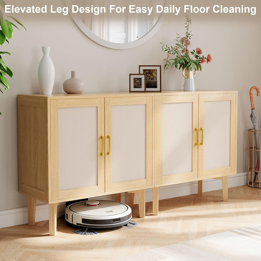 EVLIQUIL 32.2" Rattan Sideboard Cabinet, Modern Accent Storage Cabinet with Adjustable Shelf and Solid Wood Legs for Kitchen, Living Room, Entryway, Natural Oak