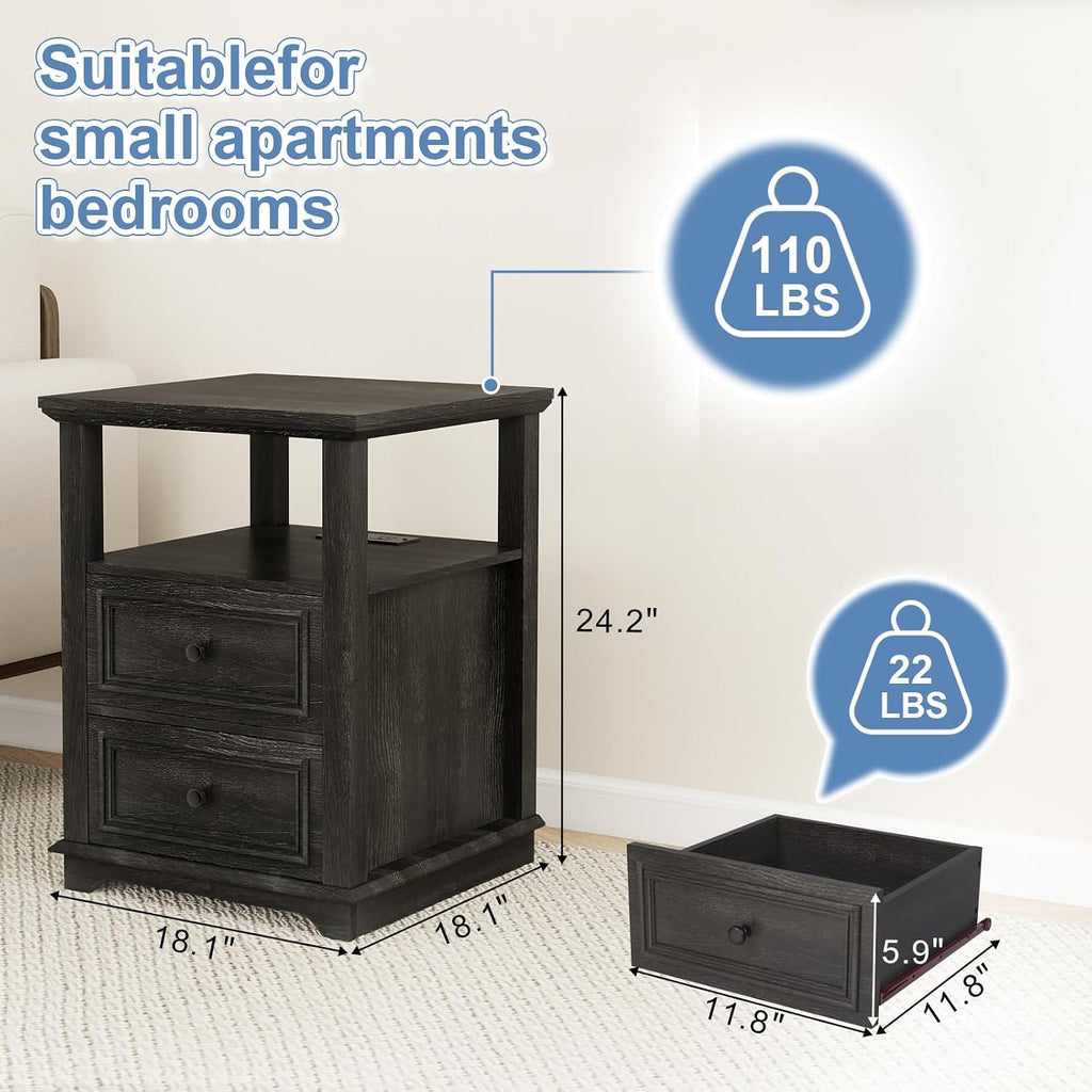 MUUEGM Night Stand with Charging Station, Dark Rustic Nightstands 18 Inch Bedside Table with 2 Storage Drawers and Open Shelf, Modern Wood End Table for Bedroom, Living Room, Closet, Office