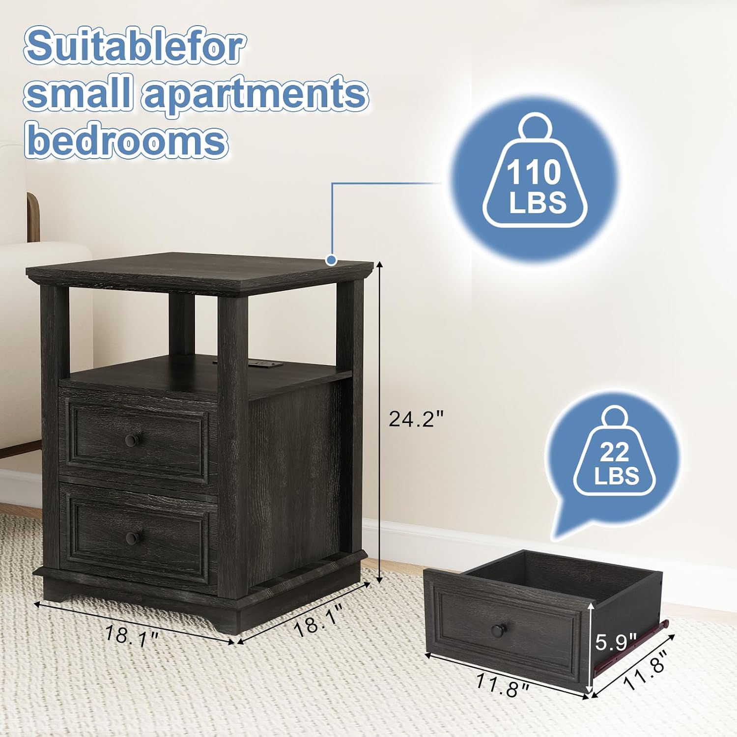 MUUEGM Night Stand with Charging Station, Dark Rustic Nightstands 18 Inch Bedside Table with 2 Storage Drawers and Open Shelf, Modern Wood End Table for Bedroom, Living Room, Closet, Office