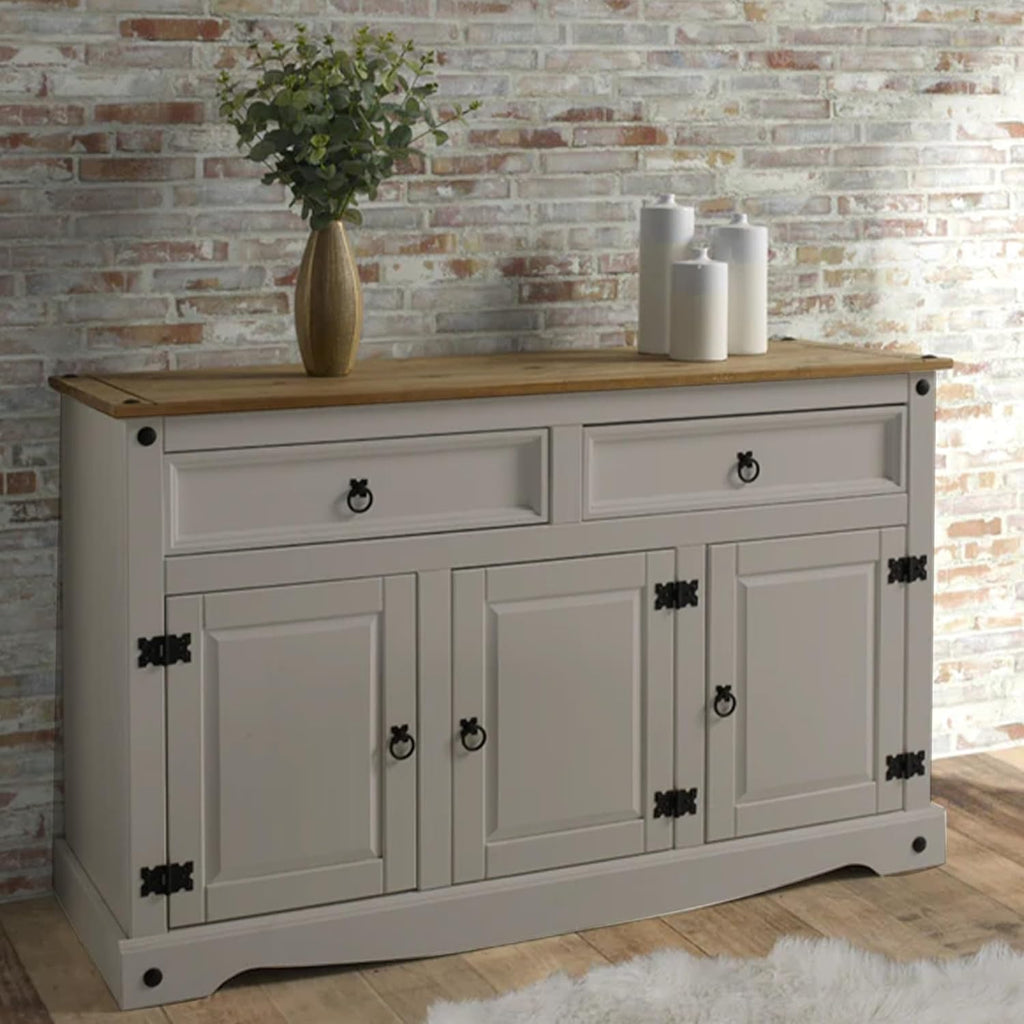 Furniture Dash Rustic Gray Console Cabinet – Solid Wood Buffet with 3 Drawers & Doors, 52" Wide Storage Unit for Dining Room, Bar, or Kitchen Decor