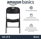 Amazon Basics Sturdy Foldable Portable Plastic Chair, 350-Pound Capacity, Supportive Seating for Events, Space-Saving, Black, 6-Pack