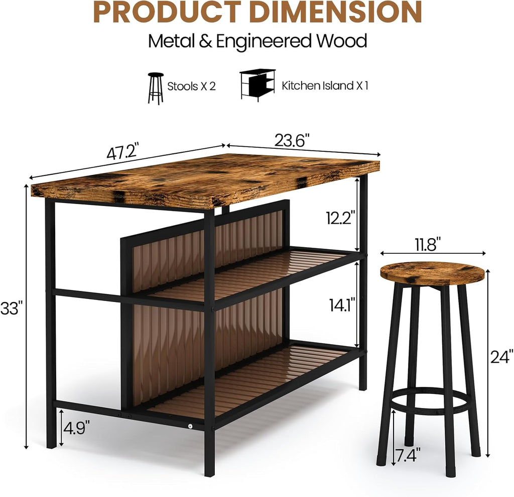 DKLGG Kitchen Island with Seating & Storage, Farmhouse Dining Table Set for 2, Space-Saving 3 Piece Dining Set Table & Chairs Island Table for Kitchen, Apartment, Dining Room, Rustic Brown