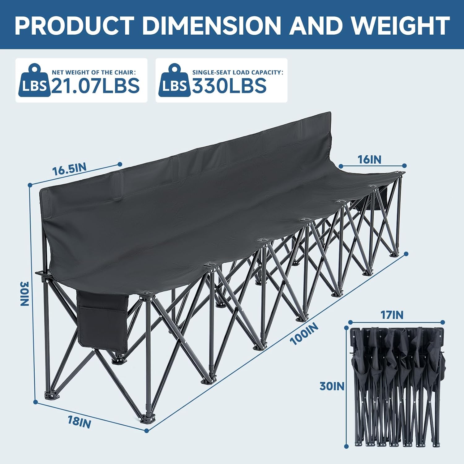 6 Seats Portable Folding Soccer Bench, Team Bench Soccer with Storage Bag & Backrest, Sideline Benches Team Chair for Football Camping Outdoor Sports Events