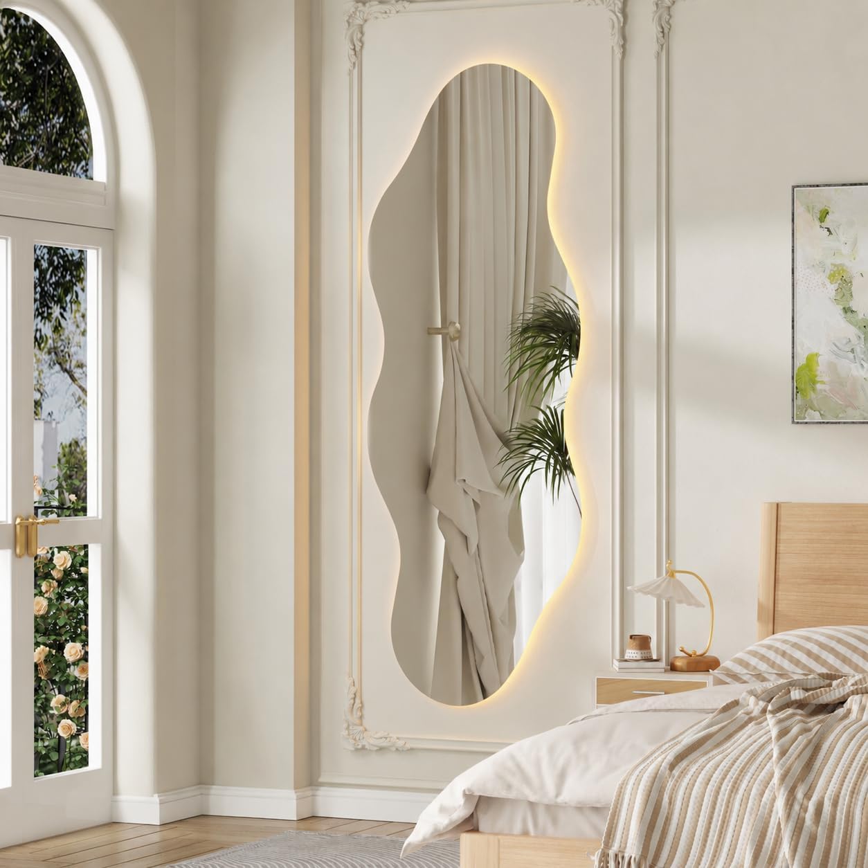 QDSSDECO LED Full Length Mirror 63"x24" Irregular Wall Mirror Wave Frameless for Living Room Bathroom Bedroom Entryway Decor