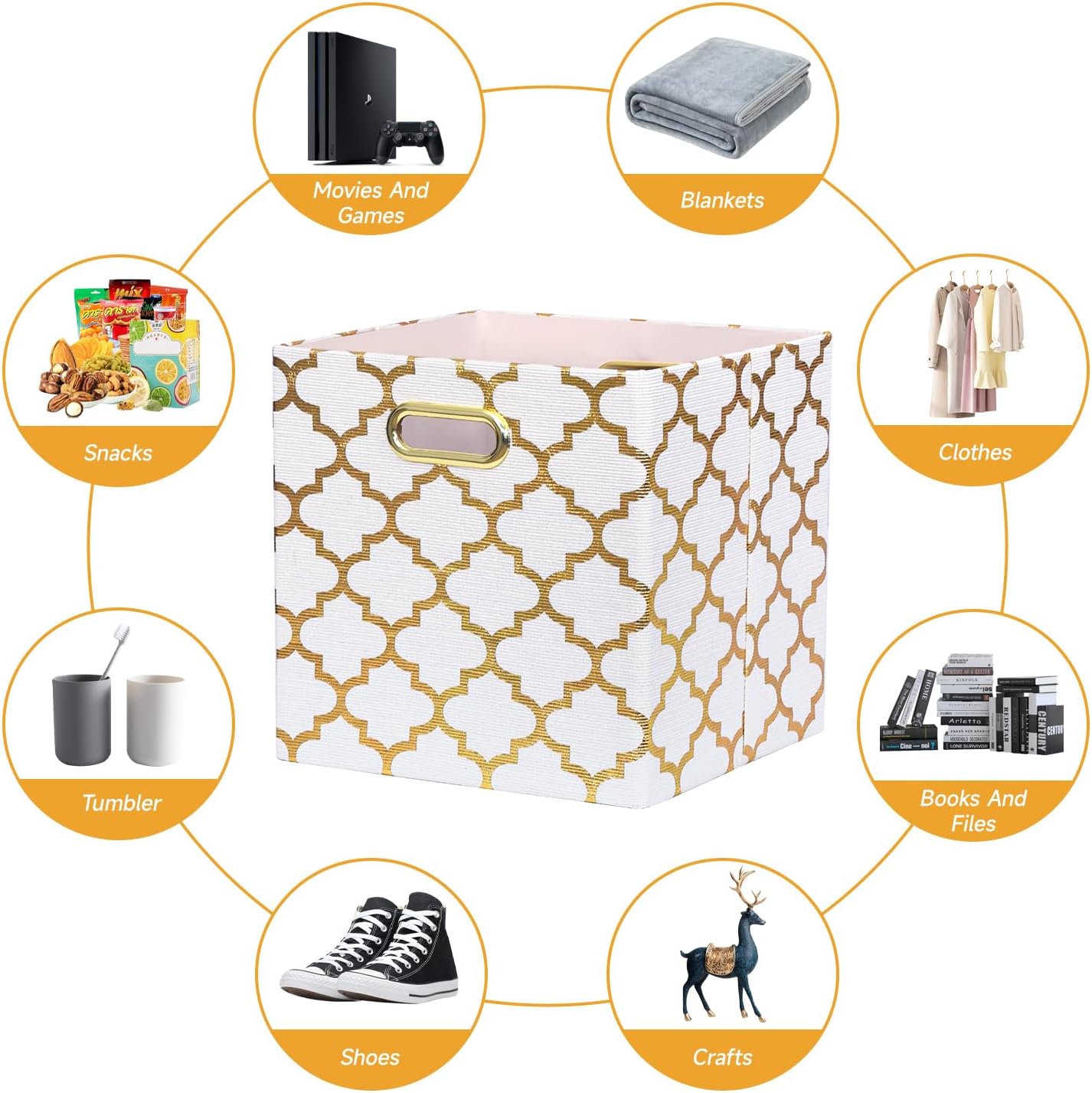 Posprica 13x13x13 Storage Cube Bins, Collapsible Storage Bins Fabric Storage Cubes Organizer Baskets Box Drawers for Shelves, Closet, Wardrobe, Bookshelf, Cabinet, Cream/Gold Lantern, 4 Pack