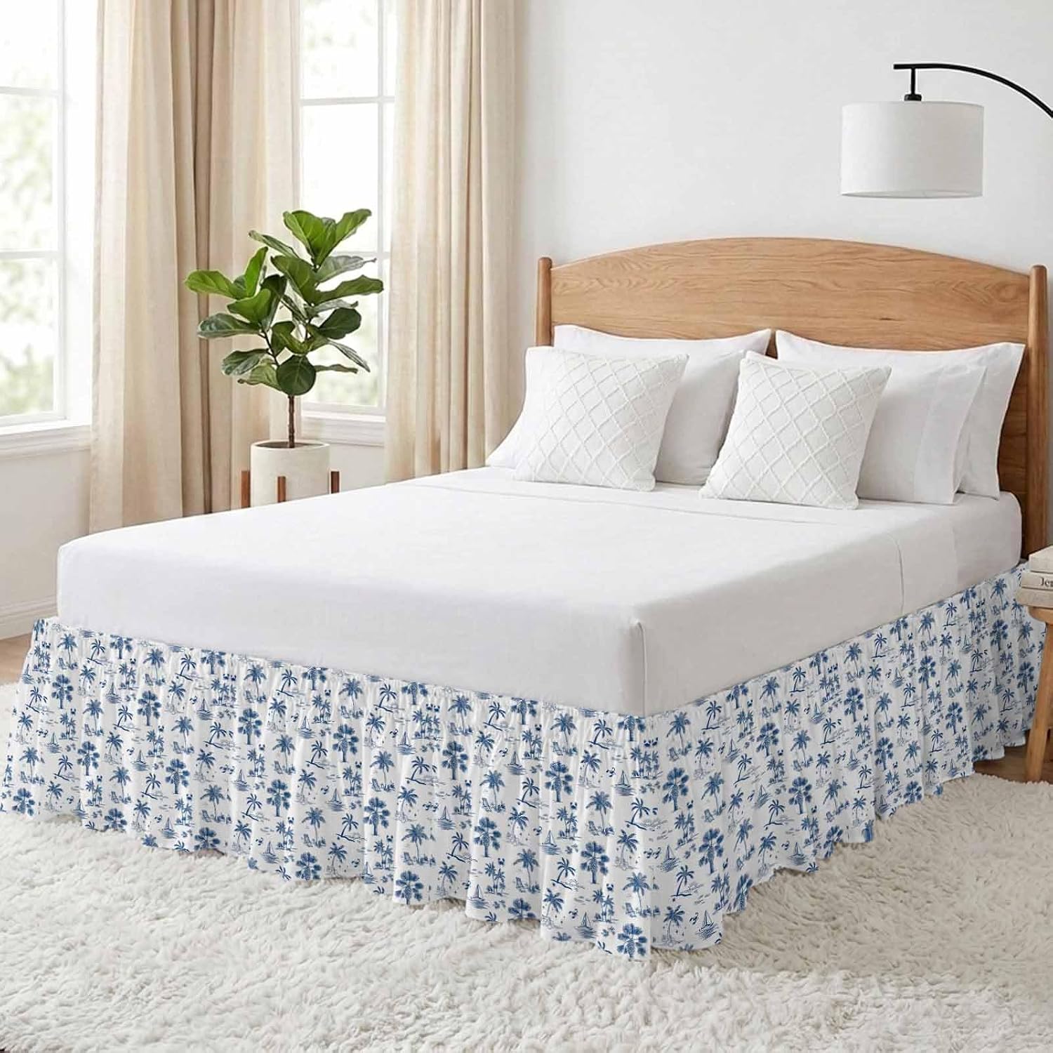Blue Tropical Plant Bed Skirt King Size 16 Inch Drop, Adjustable Elastic Bedskirt Dust Ruffle for King Size Bed, Summer Palm Trees Coastal Nautical Wrap Around Bed Skirts Pleated Bed Frame Cover