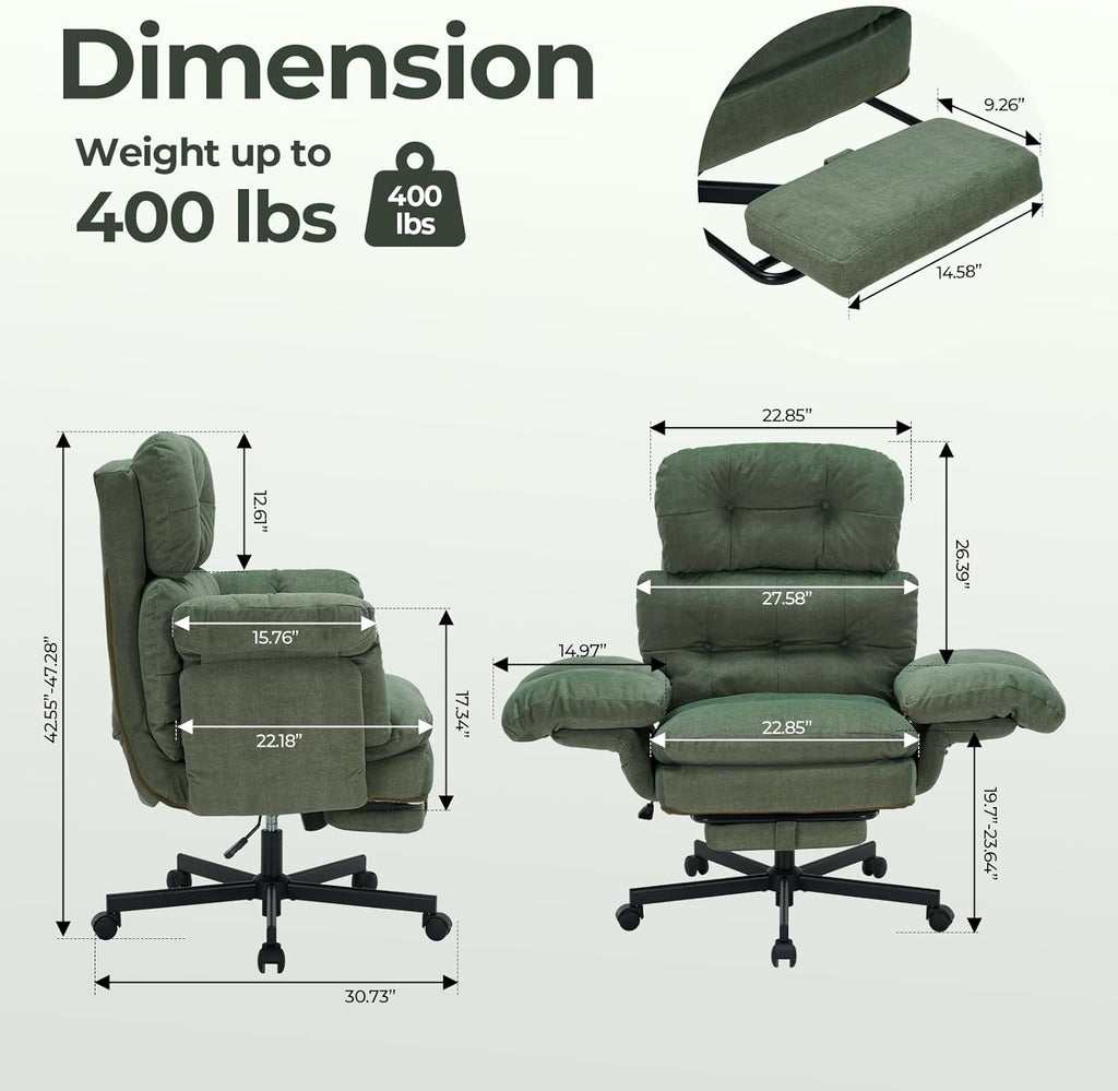 Criss Cross Office Chair with Foot Rest, Big and Tall Office Desk Chair with Flip Armrests for Pets & Cross Legged Sitting, Comfy Executive Ergonomic Reclining Computer Gaming Vanity Chair, Green