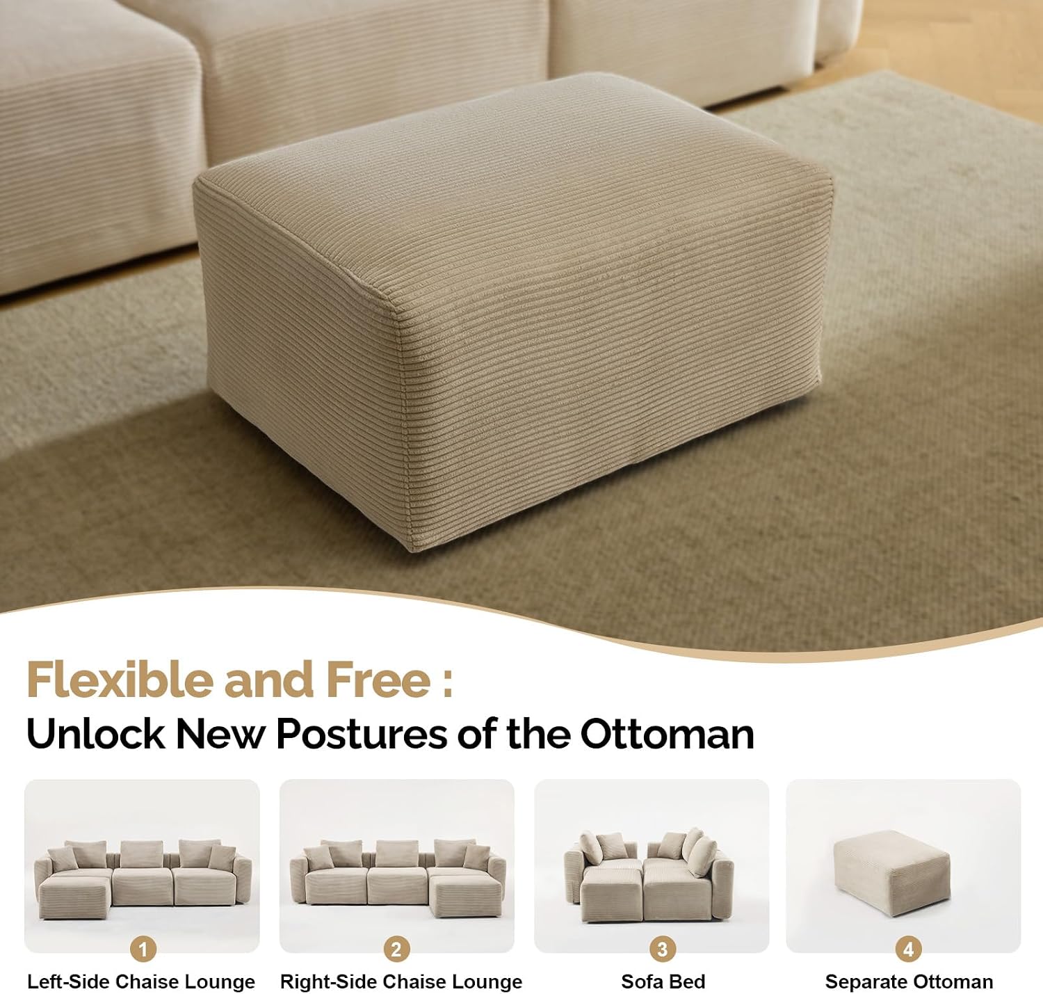 VINGLI Movable Ottoman for Corduroy Cloud Sectional Couches,Khaki