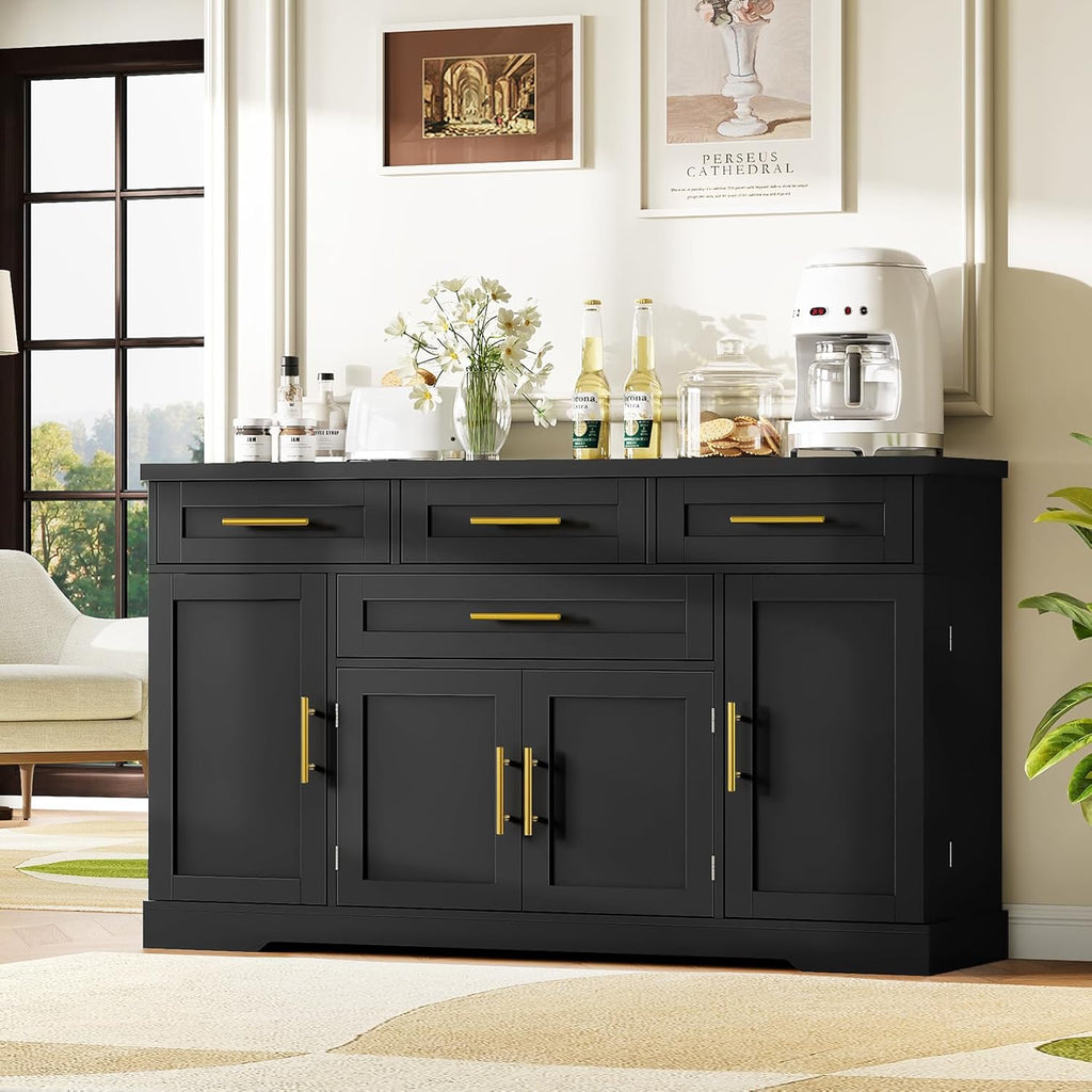 Concho 54" Buffet Cabinet with Storage, Kitchen Sideboard Cabinet with 4 Drawers, Coffee Bar Cabinet with Shelves, Modern Storage Cabinet for Dining Room, Living Room & Kitchen, Black