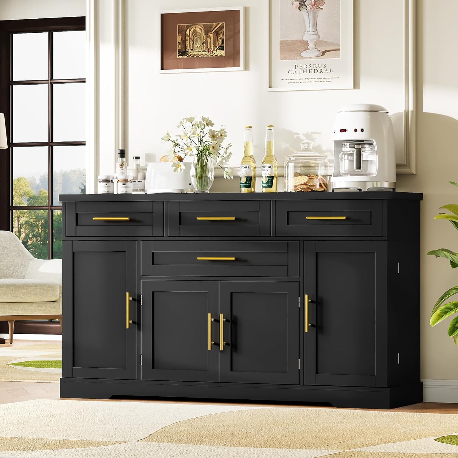 Concho 54" Buffet Cabinet with Storage, Kitchen Sideboard Cabinet with 4 Drawers, Coffee Bar Cabinet with Shelves, Modern Storage Cabinet for Dining Room, Living Room & Kitchen, Black