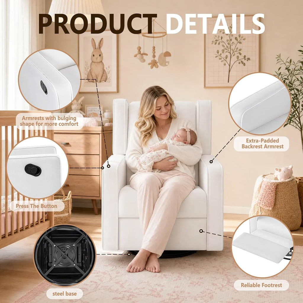 SweetGO Nursery Glider Recliner Chair, 360° Swivel Rocker Recliner with Manual Recline & Footrest, Upholstered Microfiber Nursery Chair for Nursing, Reading, Living Room & Bedroom