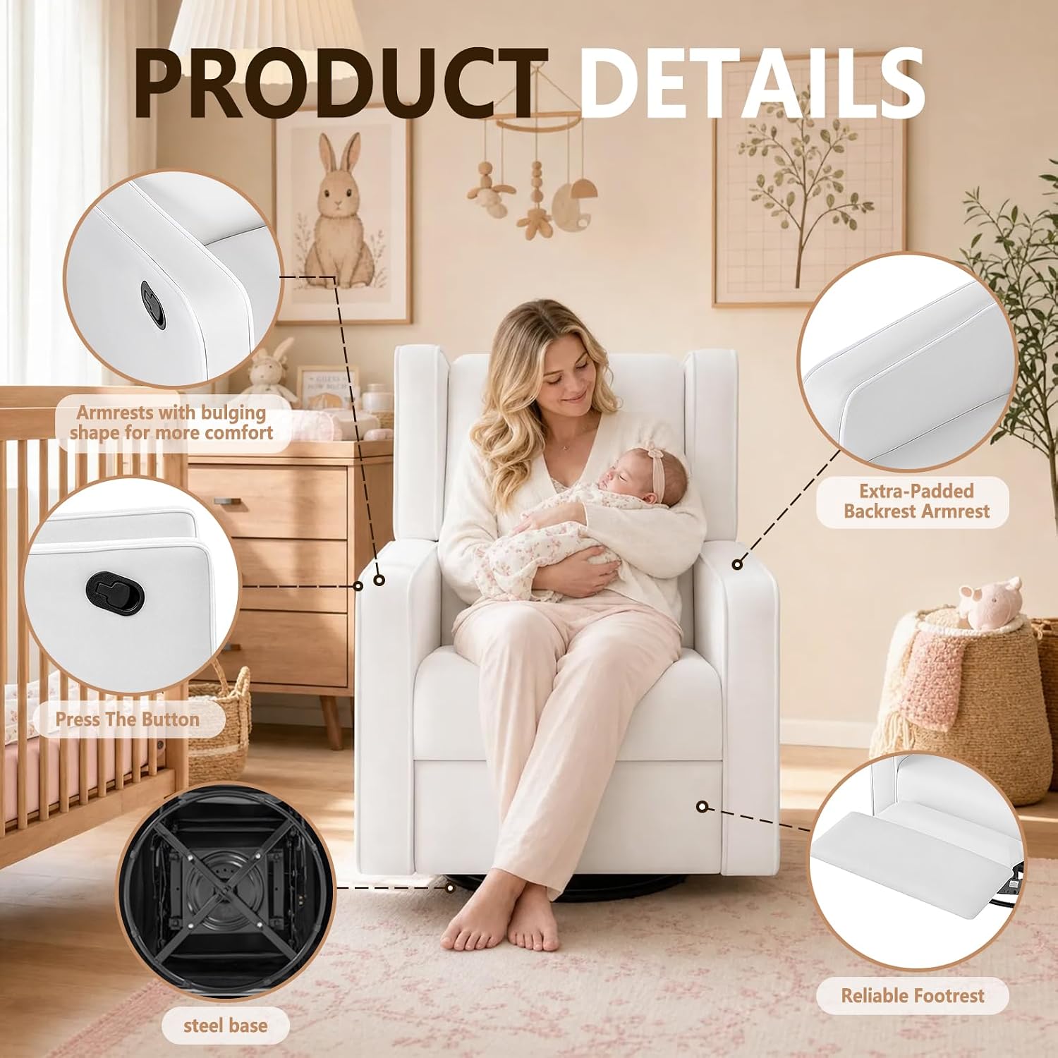 SweetGO Nursery Glider Recliner Chair, 360° Swivel Rocker Recliner with Manual Recline & Footrest, Upholstered Microfiber Nursery Chair for Nursing, Reading, Living Room & Bedroom