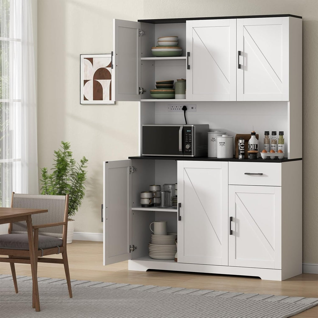 Gyfimoie 71’’ Farmhouse Kitchen Pantry Cabinet, Tall Storage Cabinet with Power Outlet, Freestanding Hutch with Drawer, 4 Adjustable Shelf & 6 Doors for Kitchen Living Room (White)