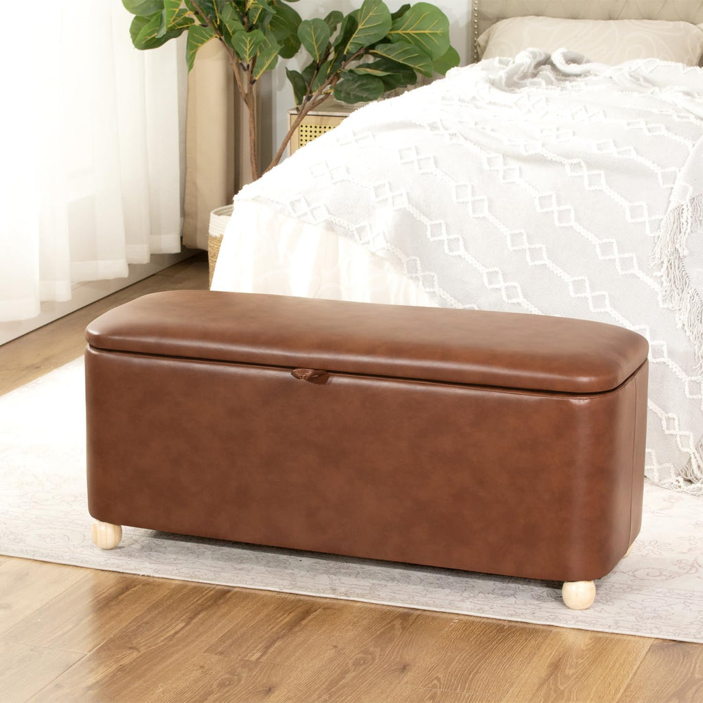 Homebeez 40 inch Storage Ottoman Bench, Faux Leather Upholstered Foot Rest Stool for Bedroom, End of Bed Bench for Living Room, Entryway (Vintage Brown)
