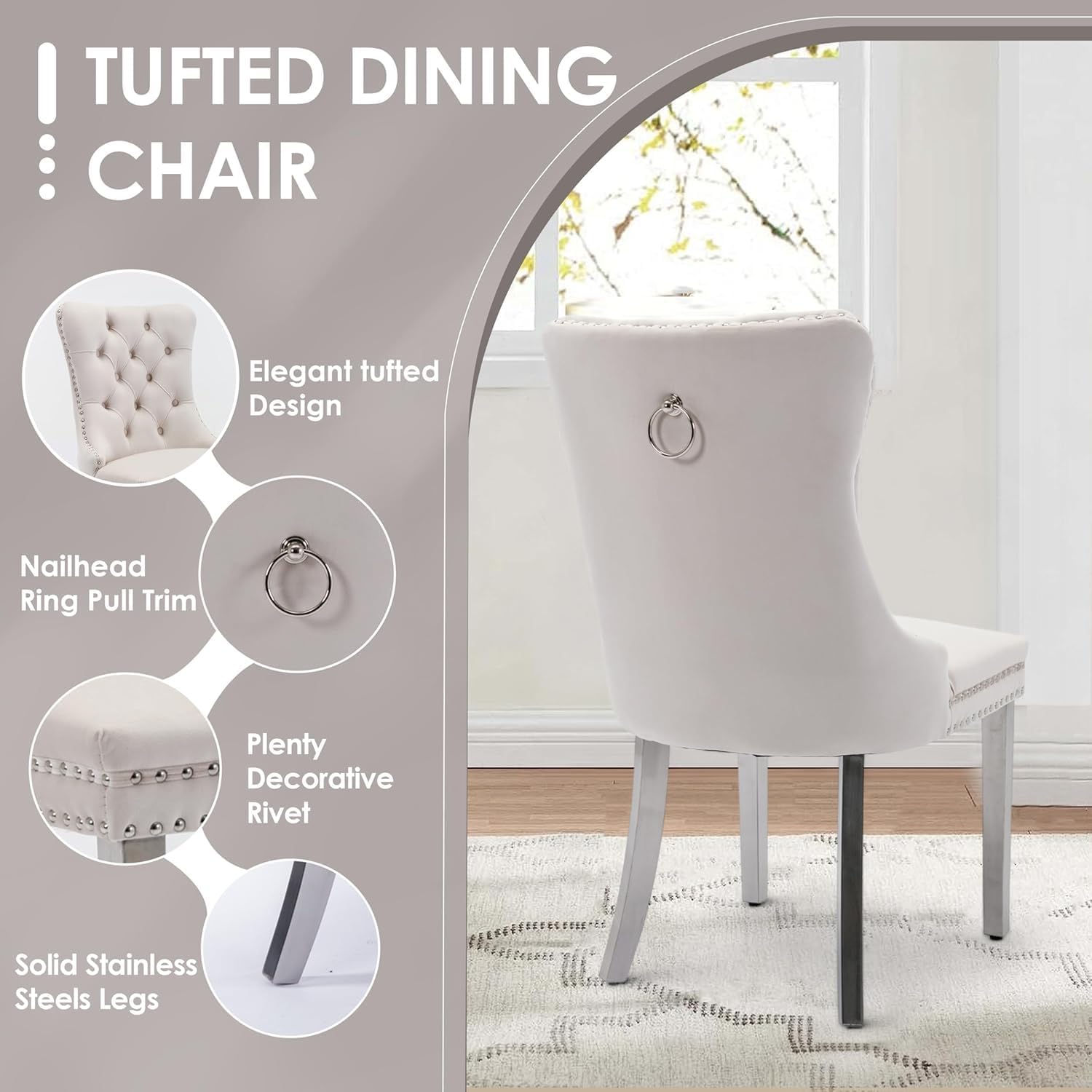 7-Piece Modern Luxury Glass Dining Set, Large Minimalist Rectangle Dinner Set for 6, 63'' Clear Glass Top Kitchen Table Set with White & Silver Base, Beige Tufted Chairs, for Apartment Home