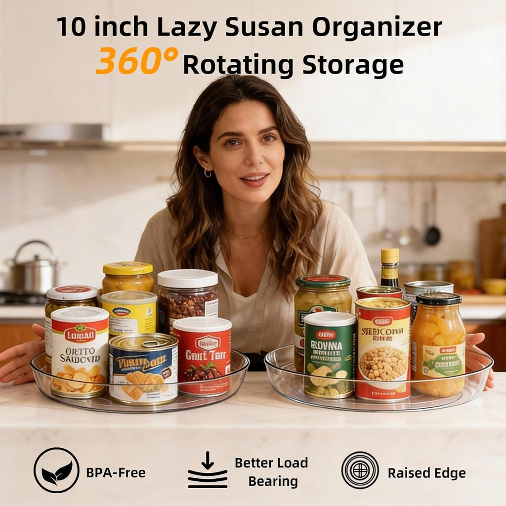 2 Pack Lazy Susan 10 inch Turntable for Spice Organization | Clear BPA-Free Plastic Rotating Organizer for Kitchen Cabinet, Pantry, Countertop, Fridge | 360-Degree Rotating Base