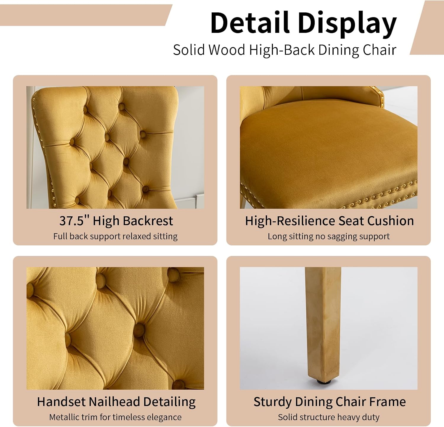Luxury Upholstered Dining Chairs Set of 4, Yellow Kitchen Chair with Golden Metal Legs, Velvet Tufted Back Dining Chair, Sillas de Comedor, Modern Kitchen & Dining Room Chairs (Gold, 4 Pcs)