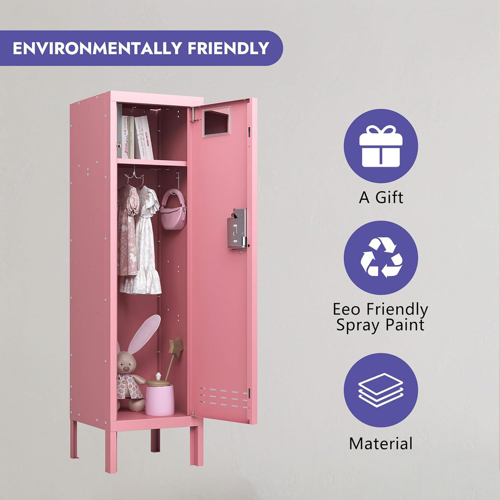 KAER Pink Locker 54" H Metal Storage Cabinet Kids Lockers for Employees Lockable Locker Storage Organizer with Locker Shelf with Louvers Nameplate Small for Home School Gym Office