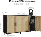 Luoxiao Sideboard Buffet Cabinet with Storage 48" Rattan Coffee Bar Boho Console Table with Adjustable Shelves & 4 Doors, Modern Credenza for Kitchen, Living Room, Entryway, Dining Room, Black