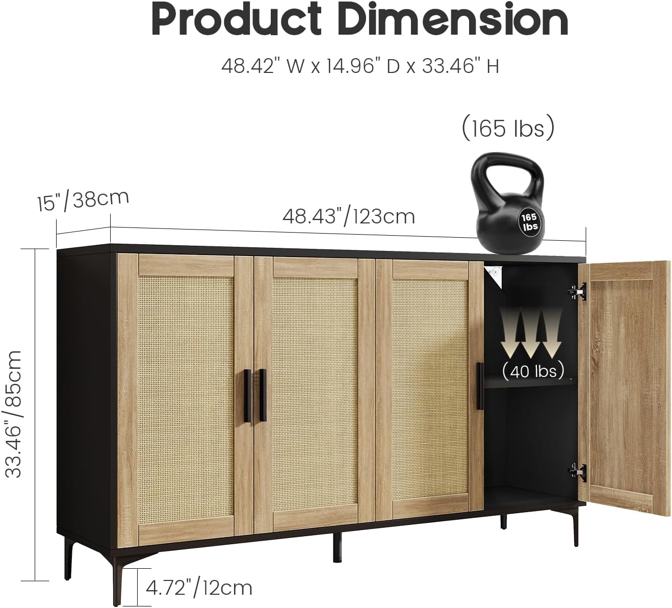 Luoxiao Sideboard Buffet Cabinet with Storage 48" Rattan Coffee Bar Boho Console Table with Adjustable Shelves & 4 Doors, Modern Credenza for Kitchen, Living Room, Entryway, Dining Room, Black