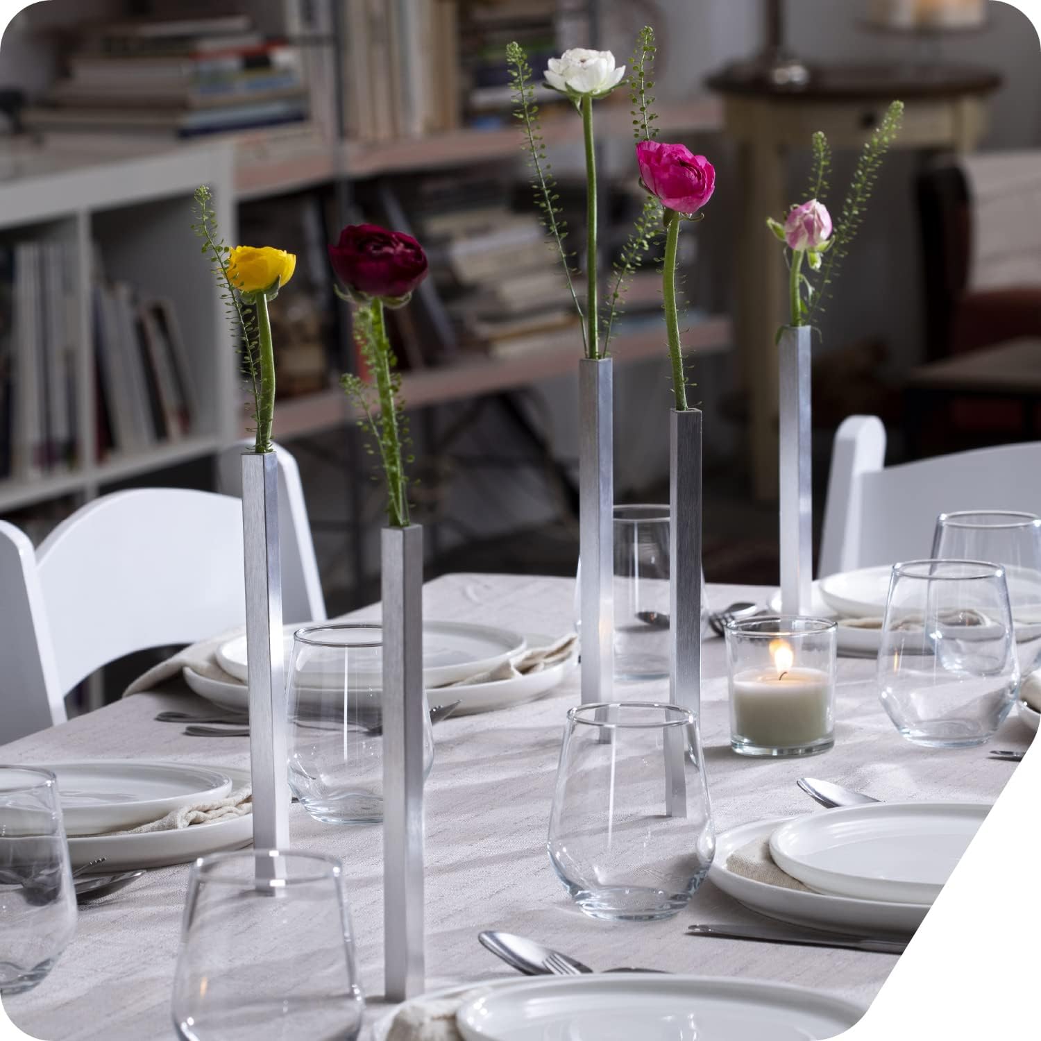 PELEG DESIGN Magnetic Bud Vase Set (Silver) - Unique Home Decor Gift & Modern Table Centerpiece - 5 Aluminum Single Stem Vases - 9.4" Tall Gravity Defying Decor