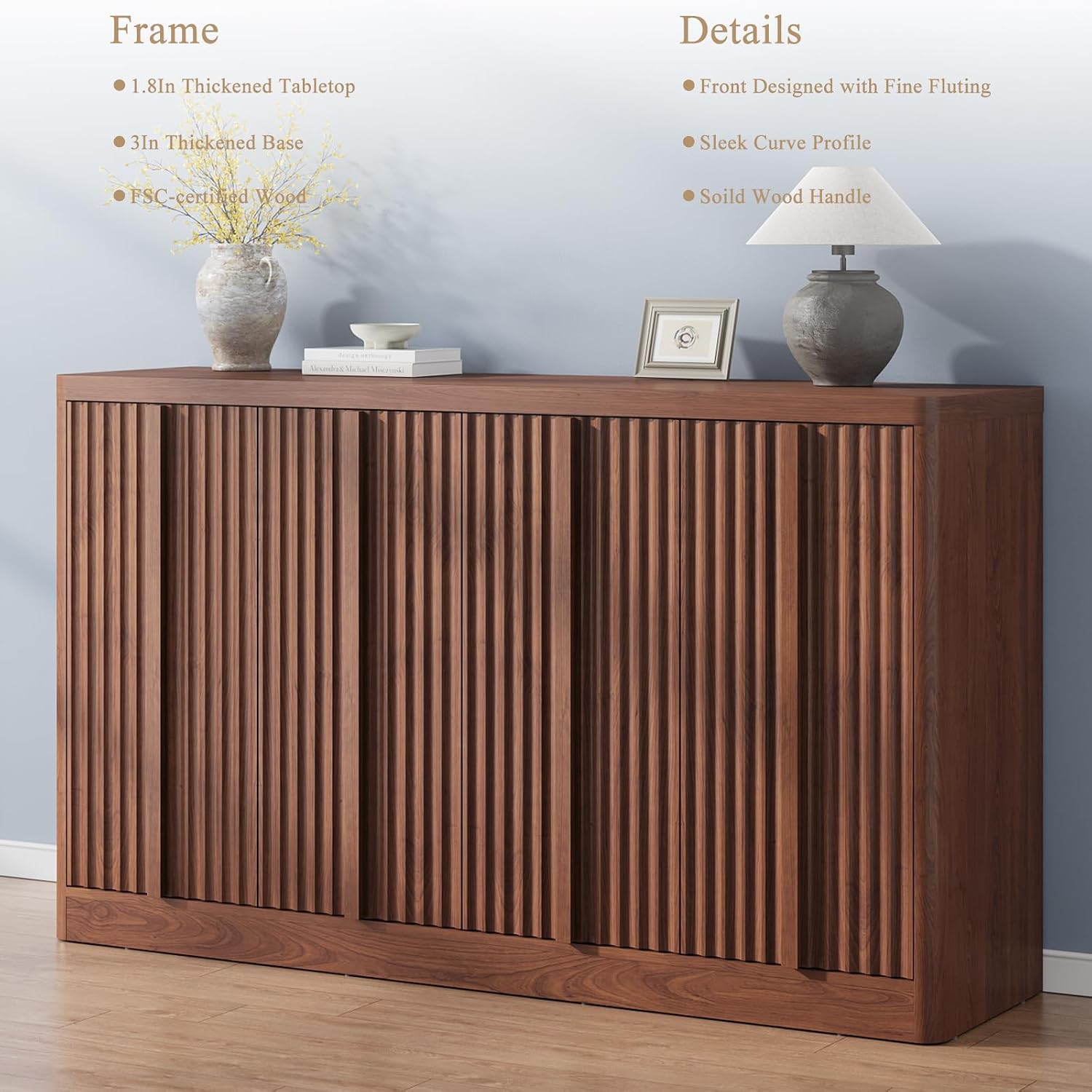 Fluted Buffet Cabinet with Storage, 60" Sideboard Buffet Storage Cabinet with 4 Doors & Adjustable Shelves, Wood Coffee Bar Credenza Storage Cabinet for Kitchen, Living Room, Walnut(1PCS)